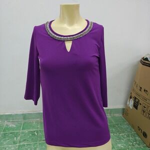 Duplan Purple 3/4 Sleeve Top with Silver Chain Neckline Detail Petite 04